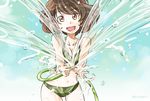  akiyama_yukari bangs bikini bonoramo breasts brown_eyes brown_hair camouflage camouflage_bikini commentary_request cowboy_shot girls_und_panzer green_bikini holding hose looking_at_viewer medium_breasts messy_hair open_mouth short_hair smile solo splashing standing swimsuit 