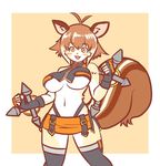  anthro big_breasts blazblue breasts brown_hair clothing female fingerless_gloves fluffy fluffy_tail fur furrification gloves hair kemono kin-shun legwear makoto_nanaya mammal midriff miniskirt rodent simple_background skirt squirrel tan_fur thigh_highs under_boob video_games weapon white_fur 