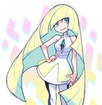  bare_arms blonde_hair blush crystal green_eyes hand_on_hip highres limb92 long_hair looking_at_viewer lusamine_(pokemon) multicolored_hair open_mouth pokemon pokemon_(game) pokemon_sm sleeveless solo standing streaked_hair very_long_hair 