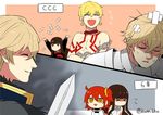  &gt;_&lt; 2boys 2girls aura bandaid closed_eyes commentary_request crossed_arms dark_aura fate/extra fate/extra_ccc fate/grand_order fate_(series) fujimaru_ritsuka_(female) gawain_(fate/extra) gawain_(fate/grand_order) gilgamesh jitome kaikodou_kana kishinami_hakuno_(female) long_hair money multiple_boys multiple_girls open_mouth riyo_(lyomsnpmp)_(style) shaded_face short_hair smile sword throwing_money twitter_username weapon 