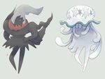  darkrai floating gen_4_pokemon gen_7_pokemon grey_background hand_on_hip jellyfish nihilego no_humans pokemon pokemon_(creature) tentacles ultra_beast unamused 