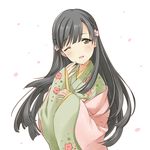  bad_id bad_pixiv_id black_eyes black_hair blush braid cherry_blossoms floral_print flower french_maid green_kimono hair_flower hair_ornament idolmaster idolmaster_cinderella_girls japanese_clothes kimono kobayakawa_sae long_hair looking_at_viewer one_eye_closed smile solo white_background 