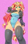  breasts cleavage clothed clothing equestria_girls female green_eyes hair horn looking_at_viewer my_little_pony red_hair shepherd0821 solo sunset_shimmer_(eg) swimsuit thick_thighs 
