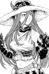  belt belt_pouch claws commentary_request fur_hat greyscale hair_between_eyes hands_up hat highres hiro_(chumo) horn horned_headwear long_hair midriff monochrome navel original pouch shirt sketch skirt smile solo sun_hat tied_shirt upper_body white_background 