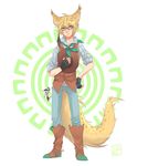  5_fingers anthro blonde_hair boots clothed clothing eyewear feline fingerless_gloves fluffy fluffy_tail footwear fumiko fur glasses gloves green_eyes hair hat human humanized lynx male mammal solo white_skin yellow_fur 
