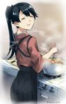  :d ^_^ black_hair closed_eyes cooking from_behind hakama houshou_(kantai_collection) japanese_clothes kantai_collection kimono kitchen ladle long_hair looking_to_the_side open_mouth ponytail pot signature smile solo somechime_(sometime1209) steam stove tasuki twitter_username 