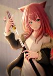  black_jacket blue_eyes blush borrowed_character character_doll charm_(object) closed_mouth fur_collar fur_trim holding holding_sword holding_weapon jacket kirimatsu light long_sleeves off_shoulder original red_hair serious sheath sheathed shirt solo sword unsheathing upper_body weapon white_shirt 