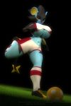  2016 3d_(artwork) anthro anthroanim anthrofied athletic ball big_breasts breasts clothed clothing digital_media_(artwork) female focused grass hair kick luxray navel nintendo pok&eacute;mon shirt shizuma_(anthroanim) shorts simple_background smile soccer soccer_ball solo sport video_games 