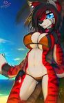  2016 anthro beach black_hair black_nose blue_eyes breasts canine clothing day ear_piercing female fingerless_gloves fur gloves hair macmegagerc mammal midriff navel outside piercing red_fur sand seaside sky smile solo teeth thong tree water wide_hips 