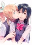  awkward ayase_eli bangs blonde_hair blue_eyes blue_hair bow bowtie brown_eyes cheek_kiss cheek_sucking collared_shirt commentary_request hair_between_eyes hair_bow hand_on_another's_arm highres kiss long_hair looking_at_another love_live! love_live!_school_idol_project multiple_girls parted_lips ponytail red_bow red_neckwear shirt short_sleeves sonoda_umi sweatdrop vest yukiiti yuri 