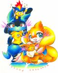  ambiguous_gender anthro blush chibi cute duo eevee english_text eyes_closed fire floatzel group happy looking_at_viewer lucario mash_(artist) nintendo open_mouth petting pok&eacute;mon quilava red_eyes simple_background sitting text video_games white_background 