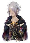  black_gloves cape earrings frown gauntlets gloves grey_hair hair_over_one_eye jewelry little_noah looking_at_viewer pomeroxu upper_body white_background yellow_eyes 