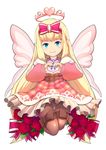  blonde_hair blue_eyes bow brown_bow chocolate_angel dress flower full_body halo heart heart_hands little_noah long_hair looking_at_viewer pantyhose pink_dress pink_wings pointy_ears pomeroxu rose smile solo very_long_hair white_background wings 