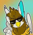  2012 4_fingers anthro avian beak bigmaster black_fur black_stripes brown_fur brown_hair bust_portrait digital_media_(artwork) eyewear feathered_wings feathers front_view fur gryphon hair halftone_background icon long_ears male multicolored_fur orange_fur pattern_background pointing portrait raised_eyebrow rika rowan_(bigmaster) signature simple_background solo striped_fur stripes sunglasses white_fur wings 