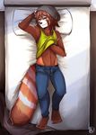  4_toes beanie bed brown_fur clothed clothing clothing_lift fur green_eyes hand_behind_head hat jeans looking_at_viewer lying male mammal navel on_back pants red_panda rookiebear shirt shirt_lift solo tank_top toes white_fur 