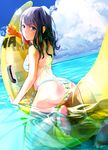  ass back banana_boat barefoot bikini black_hair blue_eyes blue_sky blush breasts cloud day highres long_hair looking_at_viewer medium_breasts natsui_tuna ocean one_side_up original sky smile soles solo striped striped_bikini swimsuit toe_scrunch toes wet 