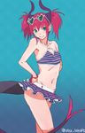  alternate_costume armpits artist_name bare_legs bikini bikini_skirt blue_background blue_bikini blue_eyes blush bracelet closed_mouth collarbone cowboy_shot criss-cross_halter elizabeth_bathory_(fate) elizabeth_bathory_(fate)_(all) eyewear_on_head fate/extra fate/extra_ccc fate_(series) flat_chest halter_top halterneck hands_on_hips heart heart-shaped_eyewear highres horns jewelry looking_at_viewer monster_girl navel pink_hair pointy_ears short_hair simple_background smile solo standing stomach sunglasses swimsuit tail twintails utu_(ldnsft) white-framed_eyewear 