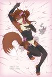  5_fingers 5_toes anthro armpits balls black_nose brown_fur brown_hair canine clothing cum duo fluffy fluffy_tail fox fumiko fur green_eyes hair inner_ear_fluff lingerie lying male mammal nipples penis smile toes 