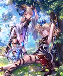 armpits arms_up axe bare_arms bare_shoulders battle_axe black_hat blonde_hair blue_ribbon character_request cloud cloudy_sky day dress fang fantasy gloves grass hat hat_ribbon holding holding_weapon irua leaning_forward leaning_on_object looking_at_viewer mini_hat mini_top_hat multiple_girls official_art open_mouth red_dress red_eyes ribbon shingeki_no_bahamut short_hair siblings sitting sitting_on_ground sky sleeveless sleeveless_dress smile top_hat tree tree_shade twins weapon 