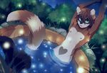  anthro armpits black_nose brown_fur brown_hair detailed_background fluffy fluffy_tail fumiko fur green_eyes hair inner_ear_fluff male mammal midriff navel night nipples nked outside partially_submerged raccoon solo tan_fur water 
