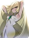  armpits between_breasts blonde_hair breasts covered_navel green_eyes hair_over_one_eye hizuki_akira impossible_clothes long_hair lusamine_(pokemon) pokemon pokemon_(game) pokemon_sm small_breasts solo 