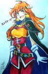  1girl artist_request cape fang female gloves hairband lina_inverse long_hair looking_away open_mouth orange_hair red_eyes slayers solo sorcerer standing upper_body white_gloves 