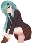  adjusting_clothes adjusting_legwear aqua_eyes aqua_hair bad_id bad_pixiv_id blazer breasts brown_legwear from_side hair_ornament hairclip highres jacket kanikou kantai_collection leaning_forward long_hair long_sleeves looking_at_viewer medium_breasts parted_lips pleated_skirt school_uniform simple_background skirt solo suzuya_(kantai_collection) thighhighs white_background 