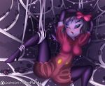  5_fingers anthro arachnid areola arthropod big_areola black_eyes black_hair breasts clothed clothing falleninthedark female feral hair looking_at_viewer muffet open_mouth purple_skin solo spider tongue undertale video_games wide_hips 