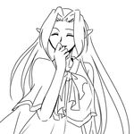  1girl eyes_closed female filia_ul_copt laughing long_hair menthe_saila monochrome pointy_ears slayers slayers_try smile solo 