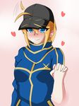  ahoge alternate_eye_color artoria_pendragon_(all) baseball_cap blonde_hair blue_eyes blush breasts expressive_hair fate/grand_order fate_(series) hair_between_eyes hat heart highres holding_hands interlocked_fingers jacket mysterious_heroine_x okita_shigu out_of_frame pov pov_hands rojiura_satsuki:_chapter_heroine_sanctuary small_breasts solo_focus track_jacket 