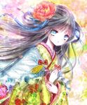  bangs black_hair blue_eyes bow capelet commentary_request floral_print flower frilled_capelet frills hair_flower hair_ornament hair_ribbon hair_rings highres himemurasaki japanese_clothes kimono long_hair looking_at_viewer original parted_lips ribbon solo tassel upper_body wide_sleeves 