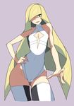  ass_visible_through_thighs bangs bare_arms bare_shoulders black_legwear blonde_hair breasts cameltoe cleavage cleavage_cutout covered_navel cowboy_shot cropped_legs dress fingernails flat_chest green_eyes hair_over_one_eye hand_on_hip highres leotard long_hair lusamine_(pokemon) open_mouth pokemon pokemon_(game) pokemon_sm purple_background solo tesu thighhighs very_long_hair white_legwear 
