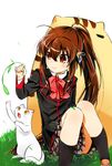  animal brown_hair cat cat_teaser commentary_request doruji grass highres lennon little_busters! long_hair natsume_rin natsuoto_rito plaid plaid_skirt ponytail red_eyes school_uniform sitting skirt 