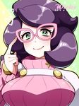  character_name finger_to_eye glasses green_eyes heart pink-framed_eyewear pokemon pokemon_(game) pokemon_sm purple_hair ringozaka_mariko short_hair smile solo sweater turtleneck turtleneck_sweater wicke_(pokemon) 