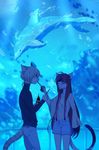  1_eye ambiguous_gender anthro blonde_hair blue_eyes bubble cetacean clothed clothing detailed_background dolphin eye_contact eyelashes feline female feral fin fumiko hair long_hair lynx male mammal marine underwater water 
