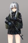  1girl ak-74 assault_rifle cigarette gloves gun holding holding_gun holding_weapon jacket load_bearing_equipment long_hair miniskirt ole1942 original pleated_skirt rifle silver_hair simple_background skirt solo track_jacket trigger_discipline weapon yellow_eyes 