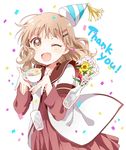 ;d \||/ bangs birthday bouquet brown_eyes commentary_request confetti cup dress drinking_glass fang flower hair_ornament hairpin hat latte_art light_brown_hair long_sleeves looking_at_viewer namori nanamori_school_uniform one_eye_closed oomuro_sakurako open_mouth party_hat sailor_collar sailor_dress school_uniform serafuku short_over_long_sleeves short_sleeves smile solo striped_hat teacup thank_you vase yuru_yuri 