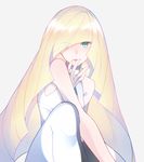  bangs banned_artist bare_arms blonde_hair diamond dress eyes_visible_through_hair green_eyes hair_over_one_eye hand_to_own_mouth highres long_hair looking_at_viewer lusamine_(pokemon) open_mouth pantyhose pokemon pokemon_(game) pokemon_sm shiratama_(xsrtmx) silver_background simple_background smile solo 