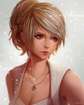  artist_name blonde_hair braid breasts cleavage crescent_moon eyebrows final_fantasy final_fantasy_xv hair_ribbon hair_tie jewelry lips looking_to_the_side lunafreya_nox_fleuret magion02 medium_breasts moon necklace nose purple_eyes realistic ribbon short_hair sleeveless solo upper_body 