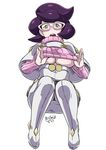  artist_name breasts butcha-u capelet dated glasses green_eyes huge_breasts long_sleeves looking_at_viewer open_mouth pink-framed_eyewear pokemon pokemon_(game) pokemon_sm purple_hair shirt_lift short_hair solo star sweatdrop sweater turtleneck turtleneck_sweater underboob white_background wicke_(pokemon) 