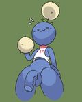  anthro blue_skin bottomless cheerleader clothed clothing genitals green_background jumpluff male navel nintendo penis pok&eacute;mon pom_poms red_eyes robbonp shirt simple_background smile solo thick_thighs uncut vein veiny_penis video_games wide_hips 