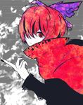  abstract_background black_nails black_shirt blending bob_cut bow cloak commentary_request fog grey_background hair_bow hair_over_one_eye high_collar highres looking_at_viewer nail_polish pale_skin pointing purple_bow red_eyes red_hair sekibanki shirt solo stitches tabazi touhou 
