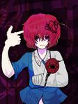  abstract_background arm_sling bandaged_arm bandages commentary_request english finger_gun hair_ornament heart heart_hair_ornament komeiji_satori pointing pointing_at_self purple_background red_eyes red_hair solo tabazi third_eye touhou unhappy 