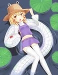  absurdres afloat blonde_hair chestnut_mouth hair_ribbon hand_on_headwear hat high_collar highres lily_pad long_sleeves looking_at_viewer lulumiya_(abbb1233) lying microskirt midriff mishaguji moriya_suwako on_animal on_back red_eyes ribbon ripples short_hair skirt snake solo thighhighs touhou white_legwear yellow_eyes 