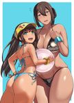  ass ball bare_shoulders beachball bikini black_bikini blue_background blue_eyes bracelet breasts cleavage collarbone curvy dark_skin fang flying_sweatdrops green_eyes hai_ookami hand_on_hip heart heart-shaped_pupils highres huge_breasts jewelry long_hair looking_at_viewer looking_back mature mole mole_under_eye multiple_girls original shiny shiny_clothes short_hair side-tie_bikini skindentation smile surprised swimsuit symbol-shaped_pupils tan thighs wide_hips 
