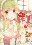  1girl blush cream earrings female flower food green_eyes green_hair gumi hair_ornament headdress highres jewelry kirakira0926k long_hair looking_at_viewer open_mouth rose short_hair solo strawberry sunlight sweets vocaloid 