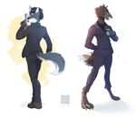  2016 3_toes 5_fingers anthro barefoot beak black_hair blue_eyes brown_fur canine clothing duo fluffy fluffy_tail fumiko fur grey_fur gun hair holding_object holding_weapon looking_at_viewer male mammal open_mouth ranged_weapon simple_background standing toes tongue weapon white_background white_fur wolf yellow_eyes 
