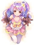  bow breasts cleavage commentary_request flower flower_knight_girl gloves hair_flower hair_ornament highres long_hair looking_at_viewer medium_breasts mg_kurino one_side_up pantyhose plumeria_(flower_knight_girl) purple_hair reaching red_eyes smile solo white_background white_legwear 