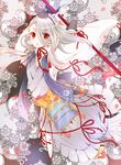  bad_id bad_pixiv_id eyes_visible_through_hair geta hair_over_one_eye hakama hat highres ima-no-tsurugi japanese_clothes male_focus merle petals red_eyes slit_pupils solo tengu-geta tokin_hat touken_ranbu white_hair 