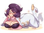  1girl areolae black_bra blush bra bracelet breasts chikkbug earrings glasses green_eyes jewelry lace lace-trimmed_bra legs_up looking_at_viewer lying nail_polish on_stomach pokemon pokemon_(game) pokemon_sm purple_hair shirt_lift smile solo turtleneck underwear vicke_(pokemon) 